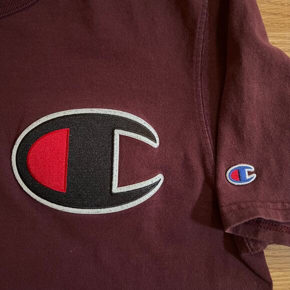 Vintage Champion Big C T-Shirt Maroon L | Y2K Embroidered Logo Streetwear Retro - Picture 5 of 6